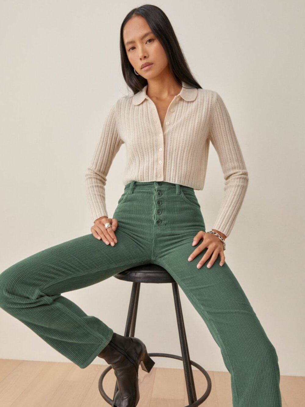 Reformation Cynthia Button Fly High Rise Straight Corduroy Pants in Moss